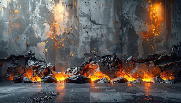 A dark room with flames and debris on the floor and walls