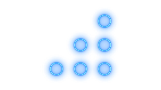 Colorful set of neon glowing circle icons arranged in a triangular grid pattern representing growth or progress and digital data points isolated on transparent background for web designs
