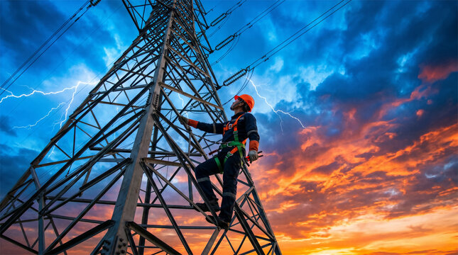 Electrician Climbing Transmission Tower During Lightning Storm at Dramatic Sunset