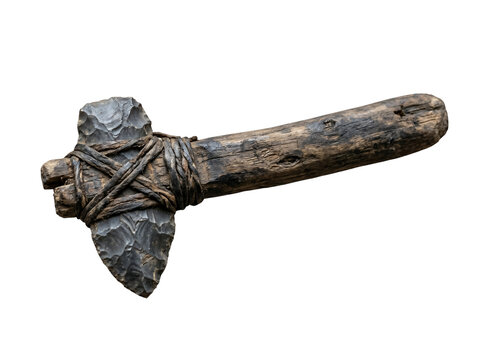 Primitive stone age hand axe tool with flaked obsidian blade and wooden handle bound with natural fibers on transparent background