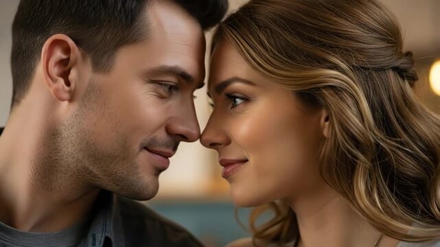 A romantic couple sharing an intimate moment with their foreheads touching