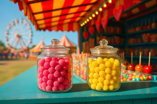 Colorful candy stall at an outdoor carnival festival with a bright sky background