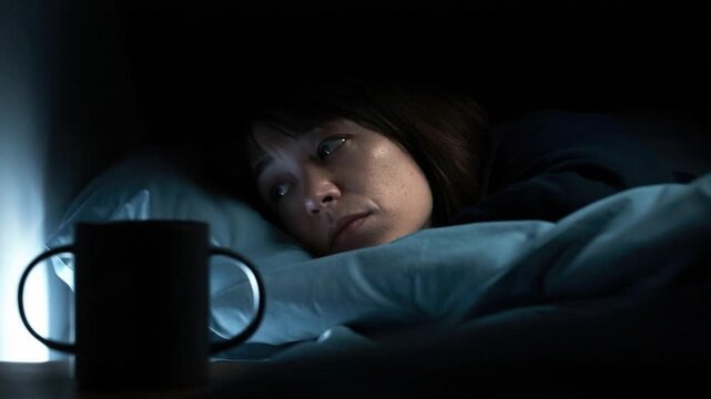 Woman lying awake in bed at night with worried expression and cup on bedside, struggling with insomnia in dark bedroom with soft lighting