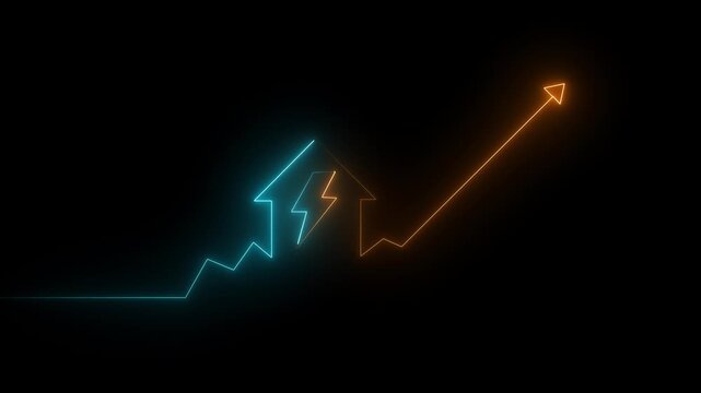 Neon energy efficiency graph: rising residential power consumption and smart home growth home neon icon animation 