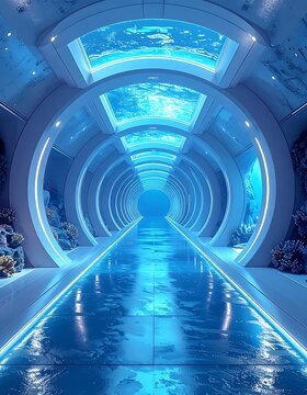 A futuristic underwater tunnel with blue lighting and aquariums