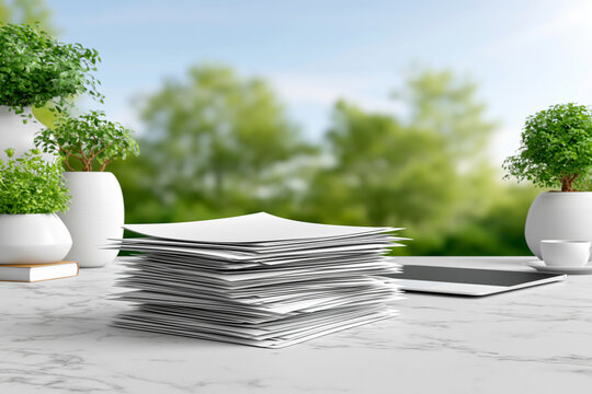 A serene office environment with a stack of government bonds on a desk, symbolizing the reliability of government bonds in conservative investing. The clean backdrop offers ample copy space for text