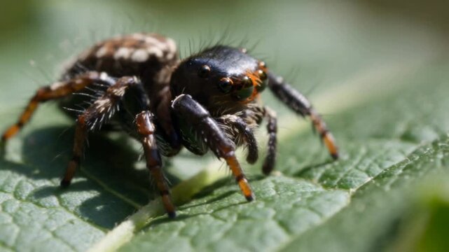 Jumping spider insect macro movement on green leaf