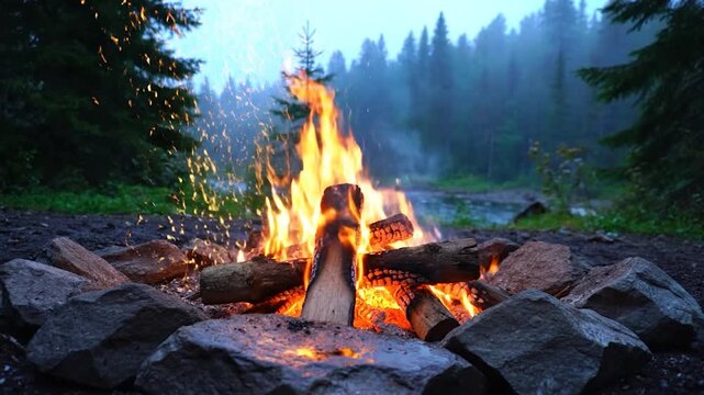 Campfire burning in stone ring at forest campsite during misty dusk