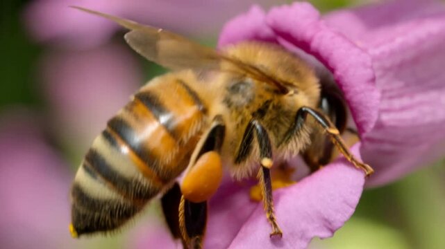 Busy honeybee worker insect macro movement inside purple flower