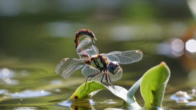 Dragonfly insect macro movement perched on leaf near water