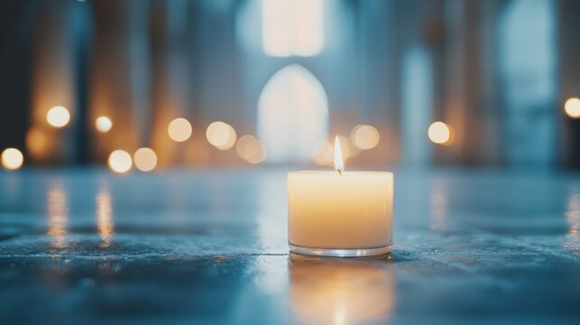 Glow Soft glow of candles illuminating the interior of a cathedral during a religious ceremony.