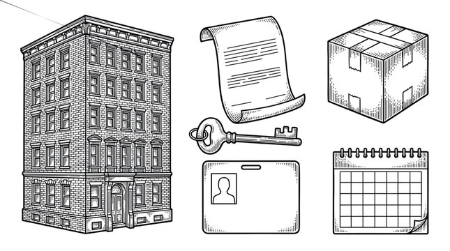 Apartment moving and real estate icon set featuring building keys, documents, boxes and rental calendars