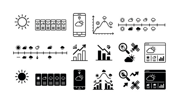 Weather forecast and meteorology data icon set featuring climate charts, temperature graphs and mobile dashboards