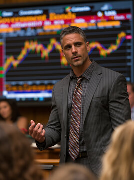 An editorial-style photograph of a financial seminar focused on conservative investments, with government bonds prominently featured as a safe and reliable option