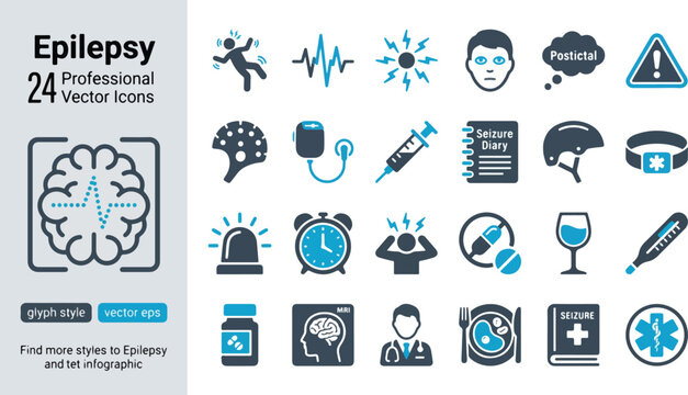 Epilepsy healthcare medical glyph icons set. Seizure, brain wave, MRI, medication, doctor, keto diet, medical bracelet, helmet, diary flat minimal vector illustration. Simple signs for neurology.