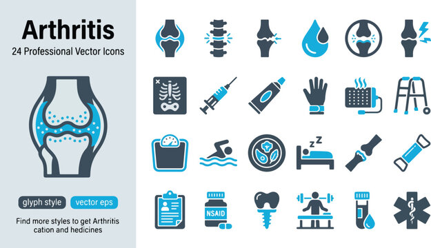 Arthritis medical healthcare glyph icons set. Joint pain, bone health, treatment, and lifestyle management flat minimal vector illustration. Simple signs for rheumatism, knee, spine, and therapy.