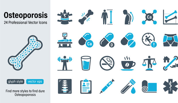 Osteoporosis health care medical glyph icons set. Bone fracture, spine health, height loss, calcium vitamin D pills, DXA scan, exercise, fall risk, X-ray flat minimal vector. Blue silhouette signs.