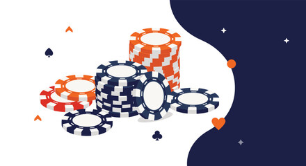 Naklejka premium Colorful stacks of blue and orange casino poker chips with several individual chips scattered on a stylish and dark background.