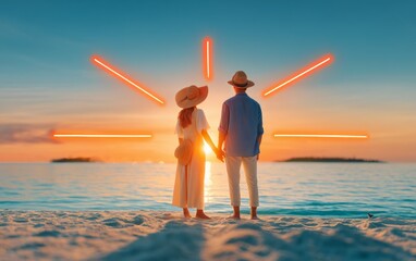 Fototapeta premium Romantic Couple Holding Hands on Deserted Tropical Island Beach at Sunset