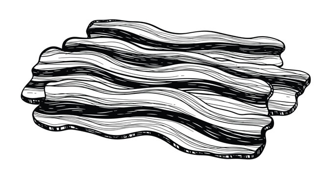 Black and white vintage engraving style illustration of several strips of fatty bacon piled on top of each other in a heap.