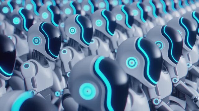Endless 3d animation loop of a futuristic humanoid robot army walking together. Concept of mass automation, artificial intelligence taking over and technology workforce in a sci-fi cyber world
