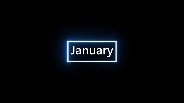 January text icon animation with neon glowing box.White text on black background.