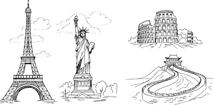 Famous World Travel Landmarks Black and White Line Art Sketch. Hand-drawn cultural monuments and global attractions for tourism and geography designs.