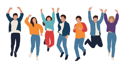 Obraz premium Group of diverse happy friends jumping high in the air against a white background, celebrating success and freedom together.