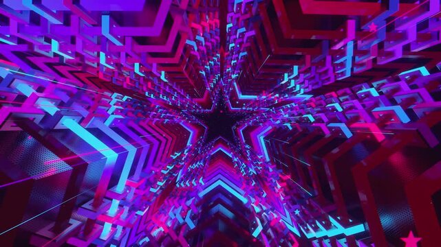 Seamless digital star vortex with rhythmic motion and glowing geometric elements, creating a deep perspective background for stage screens and event displays.