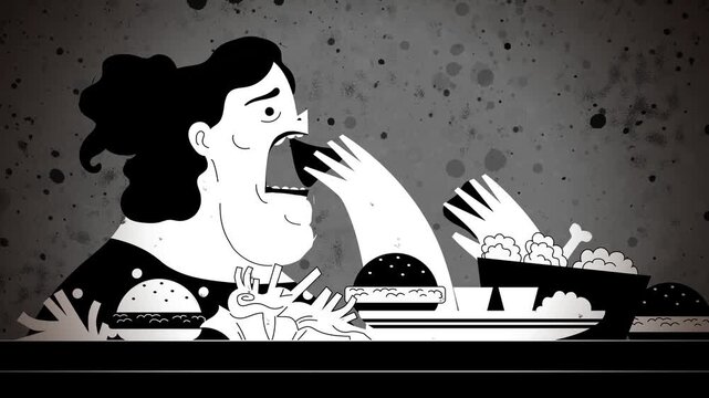 obese woman with binge eating disorder surrounded by junk food