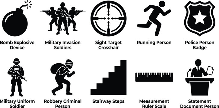 Military and crime vector icon set with soldiers explosion target crosshair police badge and criminal person.