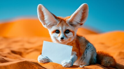 Obraz premium Fennec Fox Sitting Upright with Enormous Ears Against Desert Background