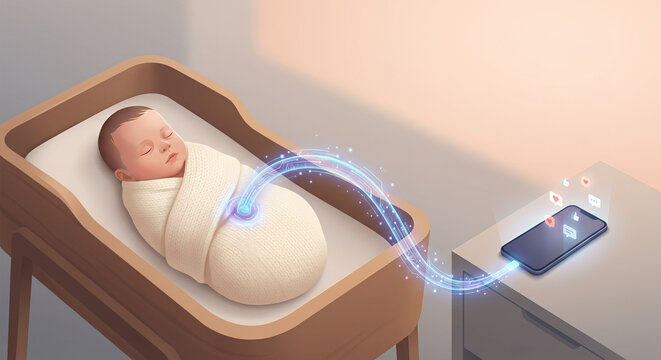 Surreal conceptual illustration of a newborn baby connected to a smartphone through a glowing digital umbilical cord