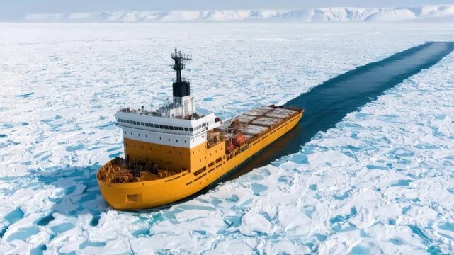 Large yellow icebreaker ship navigating through thick frozen ocean expanse with clear path in polar icy sea under cold cloudy sky and distant snowy mountains