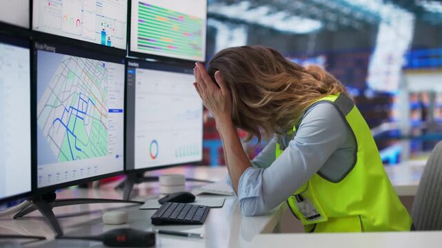Warehouse Worker Feeling Tired And Bored While Staring