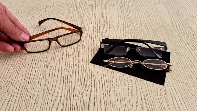 Three different pairs of eyeglasses and a cleaning cloth rest on a light wooden table surface. High angle view of vision correction accessories, optical frames, and lenses