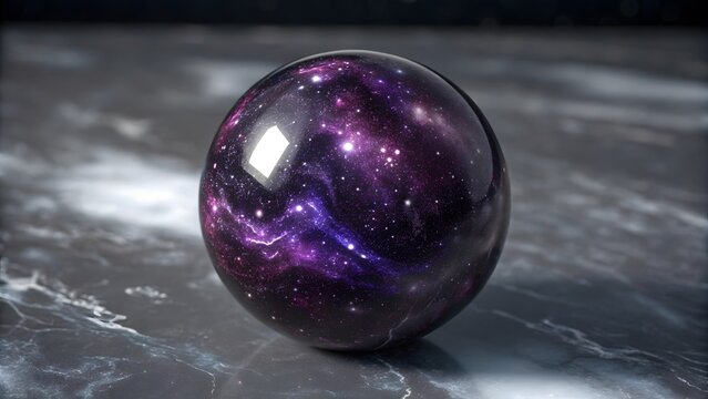 Beautiful shiny purple galaxy sphere resting on marbled surface displaying starry cosmic design.