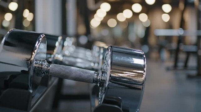 Chrome dumbbells on rack in modern gym with bokeh lights
