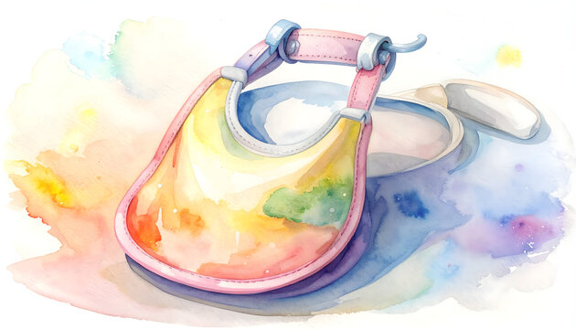 Baby bib drool cloth displaying a practical convenient clip on mechanism watercolor illustration showcasing an adorable cute functional feeding product accessory generative AI