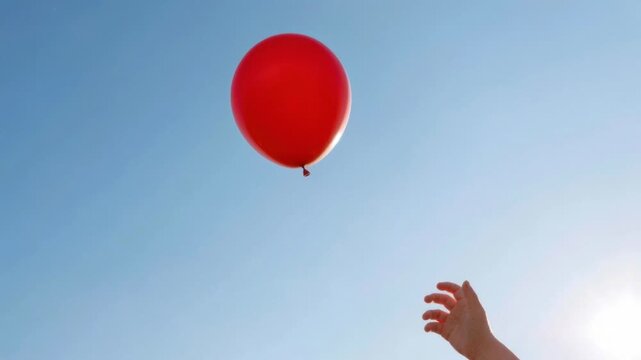 Red balloon floating up in clear blue sky with a child&rsquo;s outstretched hand reaching to catch it on a sunny day