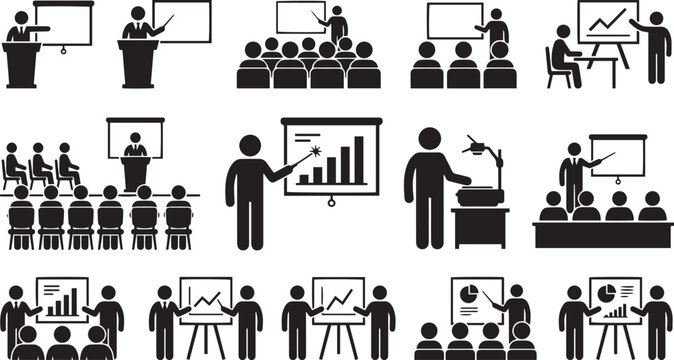 Collection of diverse presentation and lecture icons featuring speakers audiences charts and interactive teaching methods