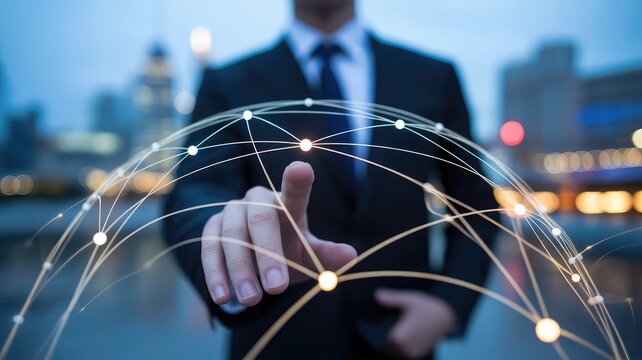 A professional businessman in a dark suit touches a glowing digital network sphere with bright lines and interconnected nodes floating forward.
