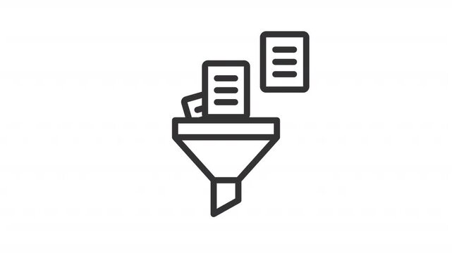 Data filtering for insight line animation. Information sorting animated icon. Moving documents with a shaking funnel. Outline element on white background. HD video with alpha channel