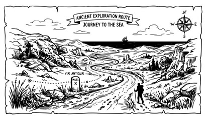 Obraz premium Ancient Travel Road Perspective Hand Drawn Vector Navigation Route Sketch Banner