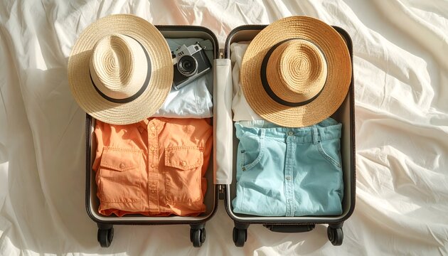 Maletas abiertas con ropa doblada, sombreros de paja y accesorios de viaje sobre una cama clara