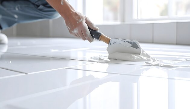 Persona aplicando adhesivo o masilla sobre suelo blanco brillante durante una reforma interior