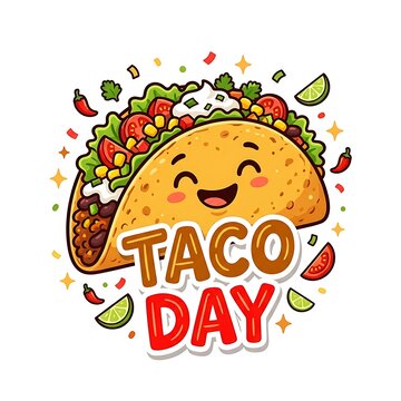 Happy cartoon taco celebrating Taco Day with toppings and confetti in festive style