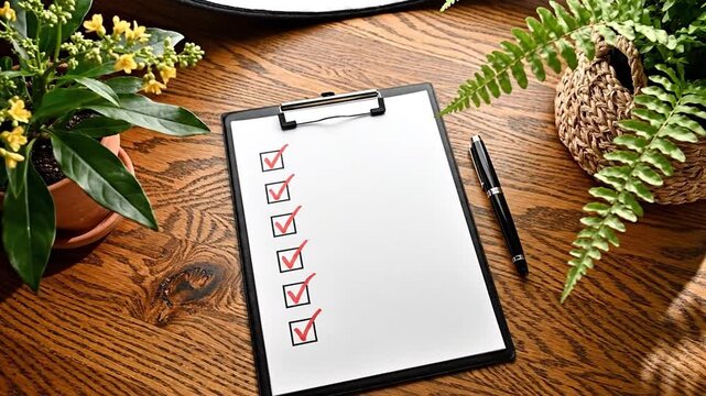 Clipboard with red checkmarks on wooden desk with plants
