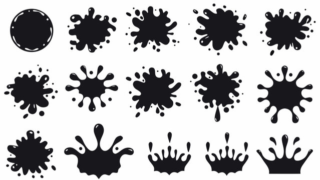 Black liquid splash and splatter silhouettes arranged in a grid pattern on a white background