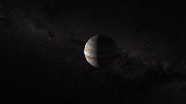 Jupiter planet spinning in deep dark outer space universe with milky way stars background.